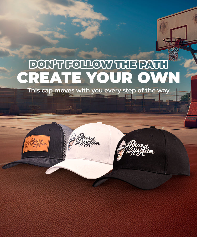 Beard and Hat Actor black, white, and trucker caps with logo on basketball court. Lifestyle streetwear hats