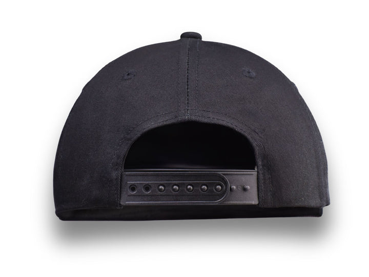 Rear view of a black 6-panel structured snapback baseball cap with a curved bill, showing the adjustable snapback closure; front logo embroidery not visible in this angle