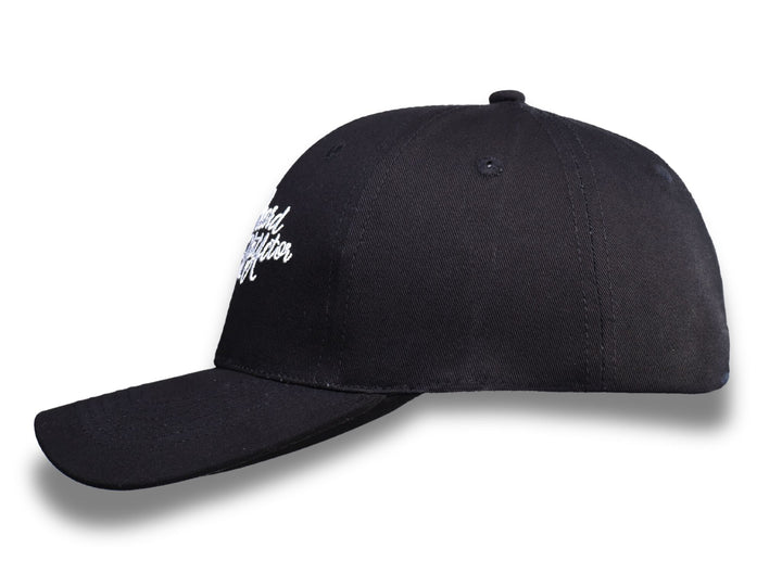 Side view of a black 6-panel structured baseball cap with a curved bill and snapback closure, featuring partial visibility of the embroidered Beard and Hat Actor logo on the front panel