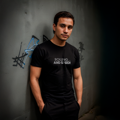 Male model wearing a black 100% cotton t-shirt from Beard and Hat Actor with the phrase “ROLLING… AND SPEED!” printed in light gray